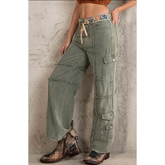 POL Army Green Frayed Edge Utility Jeans Relaxed Fit - Picture 4 of 14